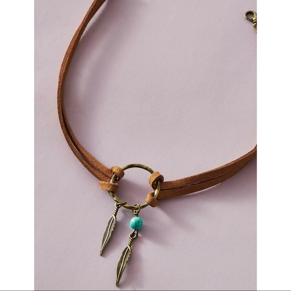 Vegan Leather Turquoise Feather Charm Choker - Picture 3 of 6